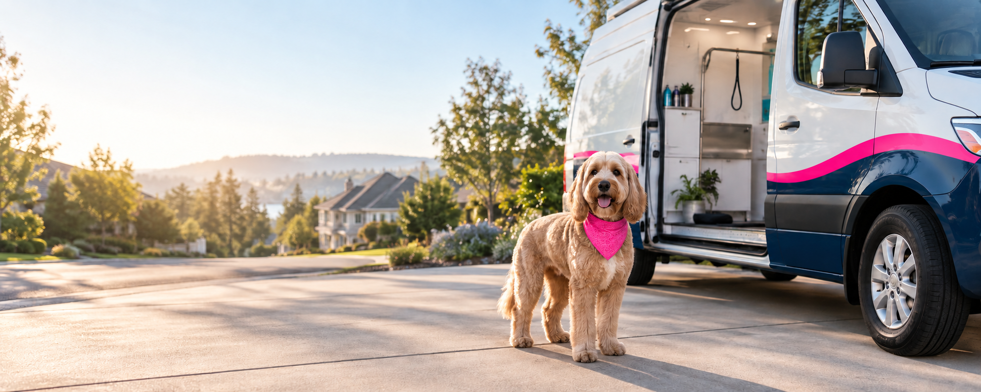 A freshly groomed dog wearing a pink bandana beside a mobile grooming van with pink branding